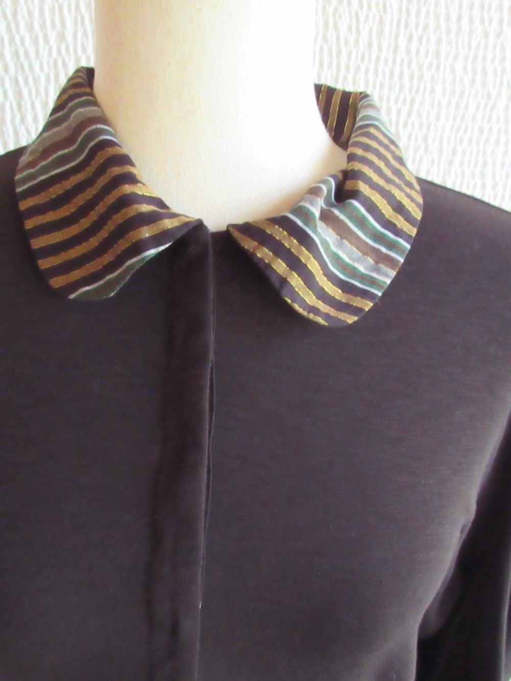 Peter Pan Collar L Sweater Top Metallic Stripe Gold Green Black Short Slv Cotton